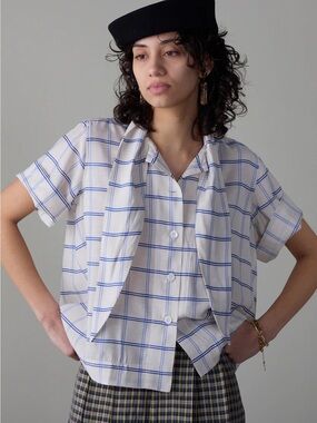 Caron Callahan Women’s Small Wesley Cream & Blue Windowpane Plaid Shirt